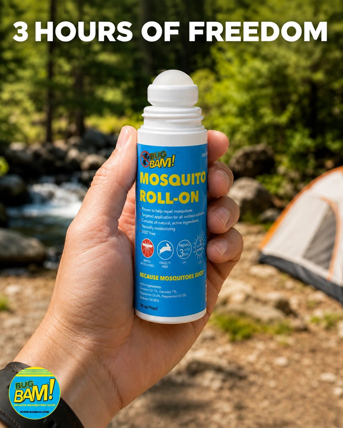 Bug Bam Mosquito Roll-On being applied outdoors near a campsite