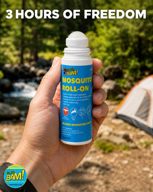 Bug Bam Mosquito Roll-On being applied outdoors near a campsite
